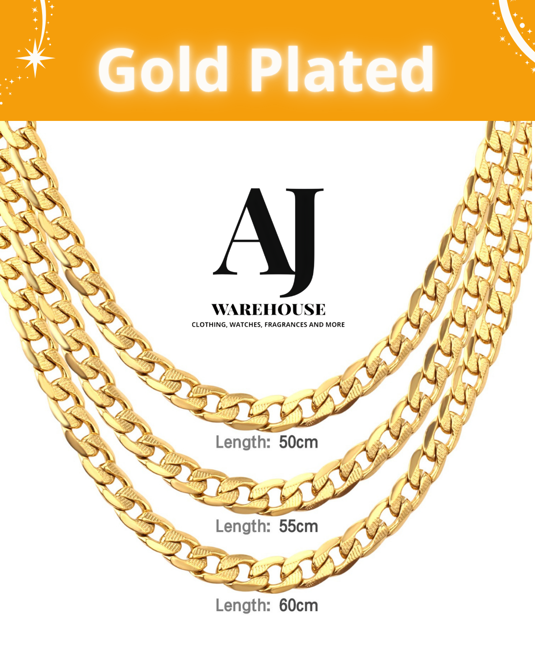 Cuban chain necklace with fine relief detailing. High-quality 18K gold plating.